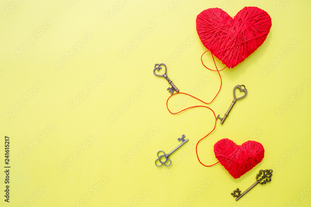 14 february, Keys with the heart as a symbol of love. Greeting card with red heart on yellow background. Valentines day background. Key of my heart concept. path to heart. Valentines Day.Copy space