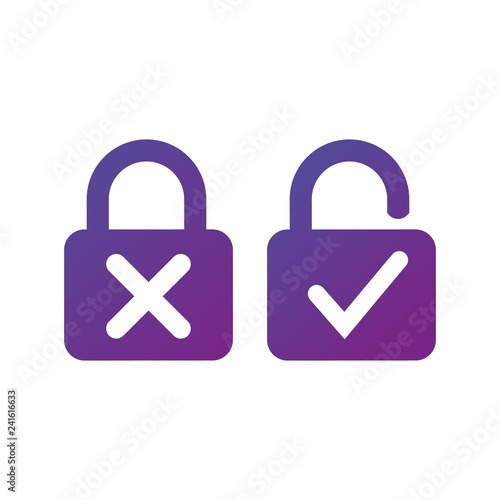 Lock with cross and check mark for lock unlock icon isolated on white background. Security check lock sign. Vector Illustration.