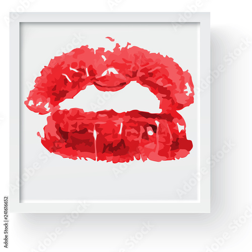 Lipstick kiss print. Female sexy red lips. Sexy lips makeup, kiss mouth, modern frame and place for text