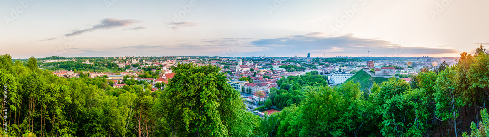 Cityscape skyline view on famous Old and New Town of Vilnius from Three Crosses Hill panoramic viewpoint