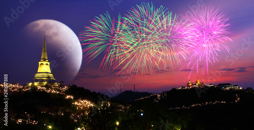 Fireworks light up the sky with Khao Wang, Phranakhonkhiri, Phetchaburi Thailand