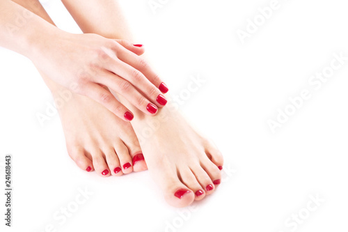 Hands and feet on a white background close-up.