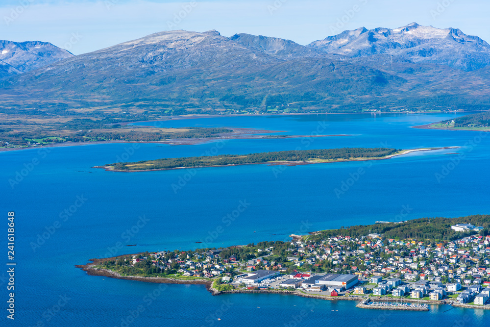 Aerial view of Tromso in the island of Tromsoya and Tromsoysundet strait in Norway