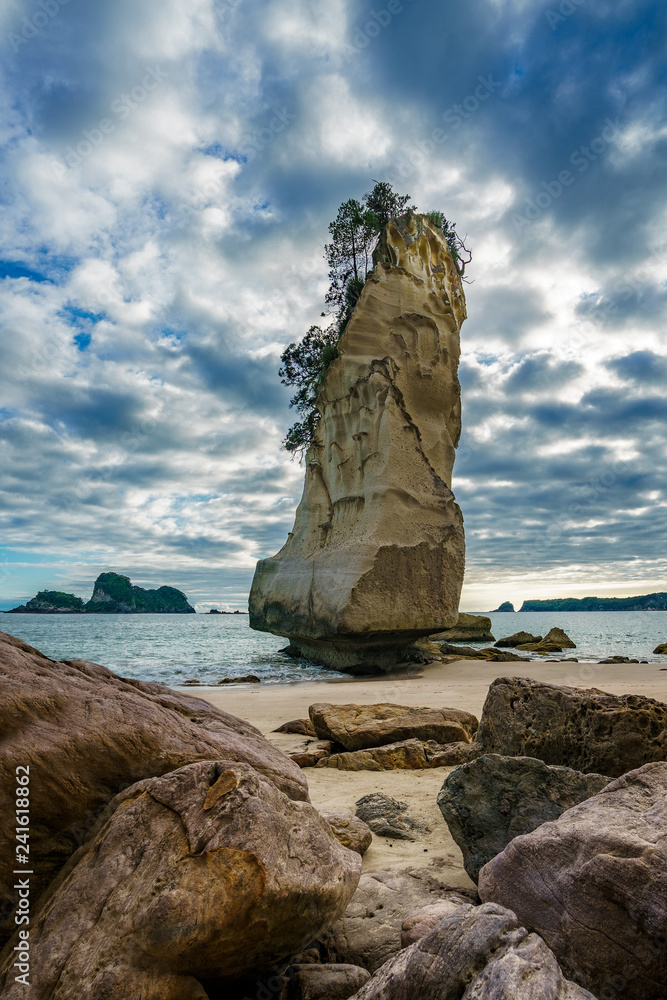 Fototapeta premium sandstone rock monolith,cathedral cove,coromandel,new zealand 1