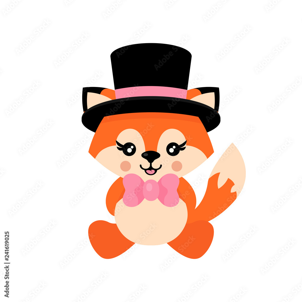 cartoon cute fox with tie and hat sitting vector cartoon cute fox with tie and hat sitting vector