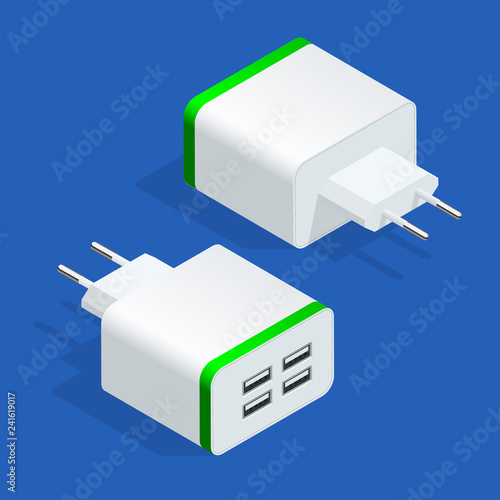 Isometric USB electric power socket AC outlet. Usb wall charger plug isolated. Vector illustration