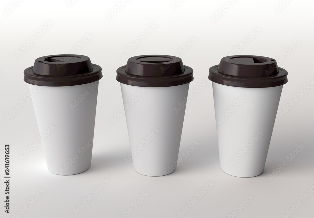 Three paper cups mockup on white background. 3d rendering. Three paper cups mockup on white background. 3d rendering.