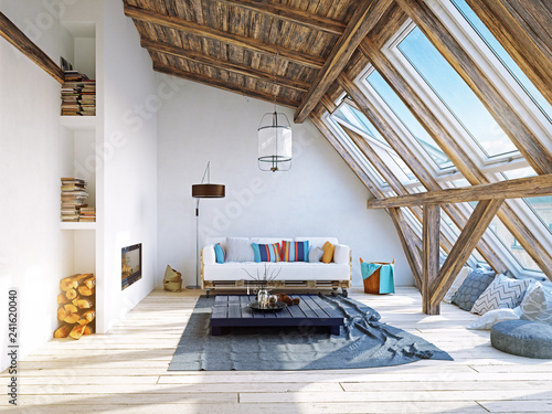 Photos modern attic interior design. 3d rendering concept