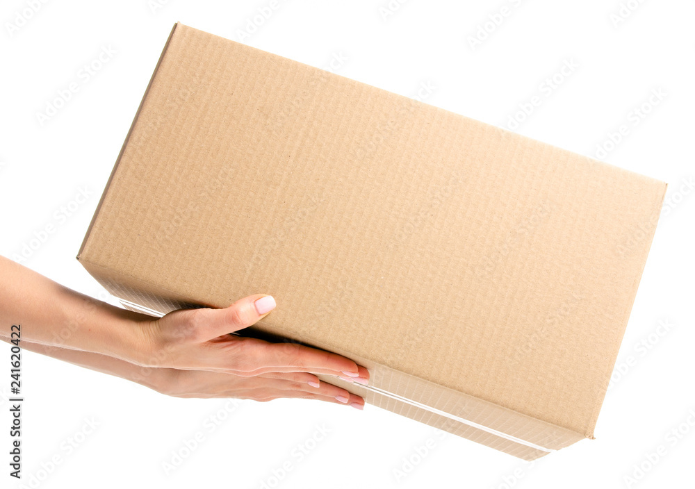 Boxes delivery in hand on white background isolation Boxes delivery in hand on white background isolation