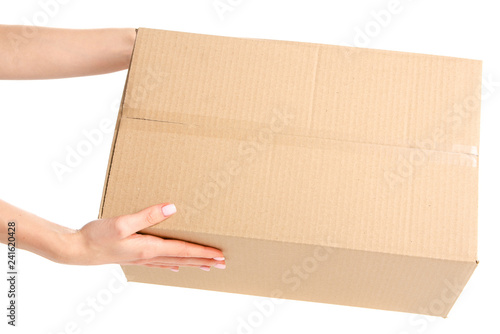 Boxes delivery in hand on white background isolation © Kabardins photo