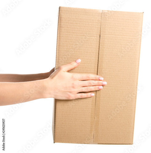 Boxes delivery in hand on white background isolation © Kabardins photo