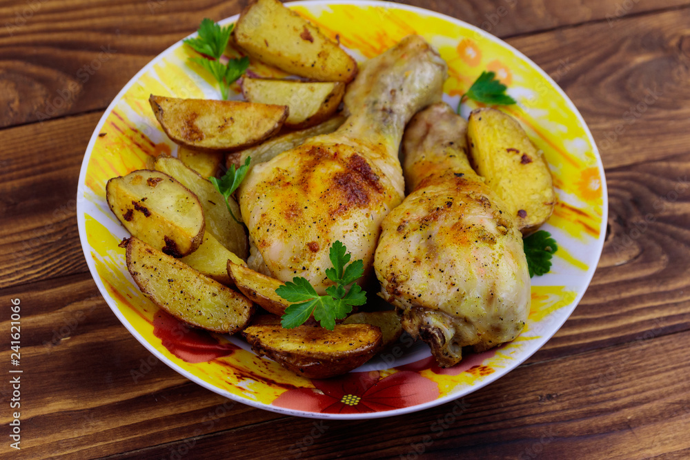 Baked chicken drumsticks with potatoes in a plate on wooden table Baked chicken drumsticks with potatoes in a plate on wooden table