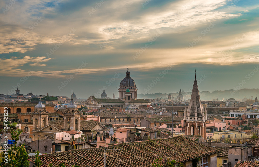 The skyline of Rome, seen from Viale Gabriele D'Annunzio, in the evening.