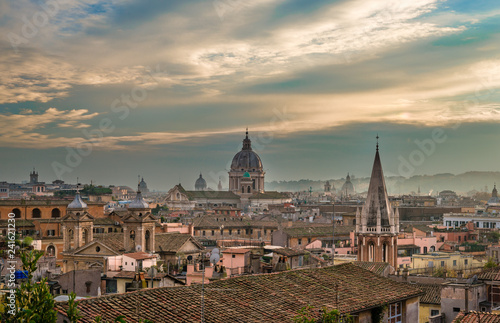 The skyline of Rome, seen from Viale Gabriele D'Annunzio, in the evening.