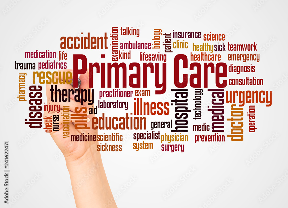 Primary care word cloud and hand with marker concept