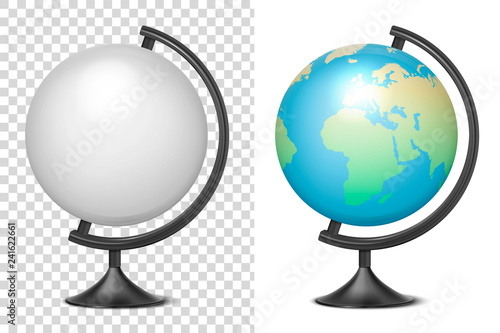 Vector Realistic 3d Globe of Planet Earth blank and with Map of World Icon Closeup Isolated on White Background. Design Template of School Globe on Table, Model of Earth for Graphics, Clipart, Mockup