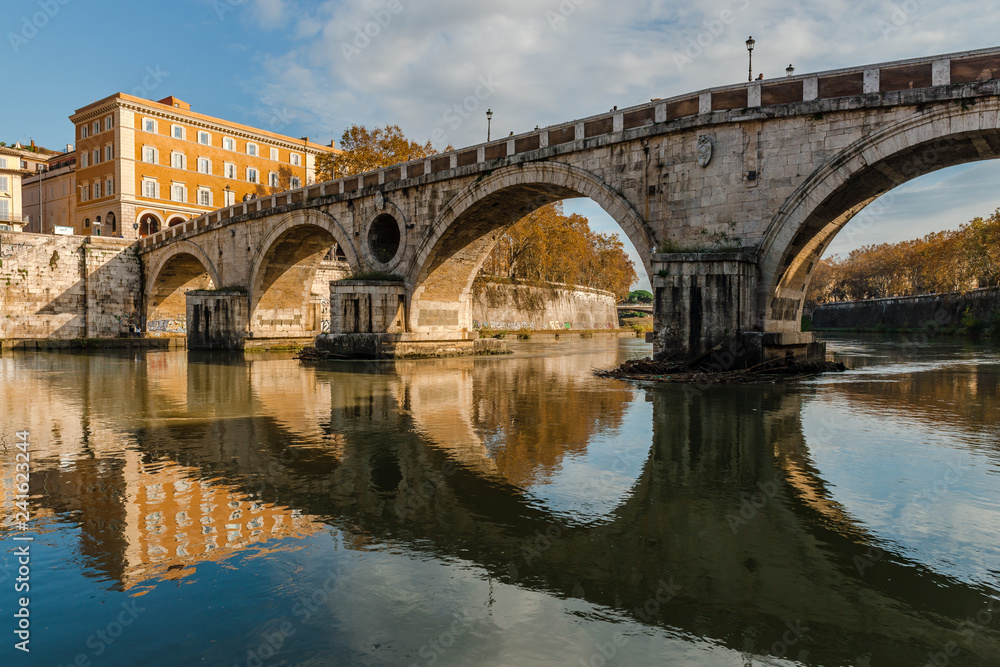 View of Ponte Sisto in the winter. Ponte Sisto is a pedestrian medieval bridge in the historic centre of Rome, that spans the river Tiber. Rome, Italy, December 2018.