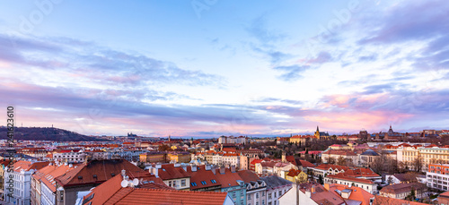 Prague panorama from Vysehrad castle. Cityscape during the sunset, magical and beautiful colors. Colorful clouds above the czech capital city