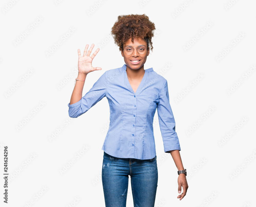 Beautiful young african american business woman over isolated background showing and pointing up with fingers number five while smiling confident and happy. Beautiful young african american business woman over isolated background showing and pointing up with fingers number five while smiling confident and happy.