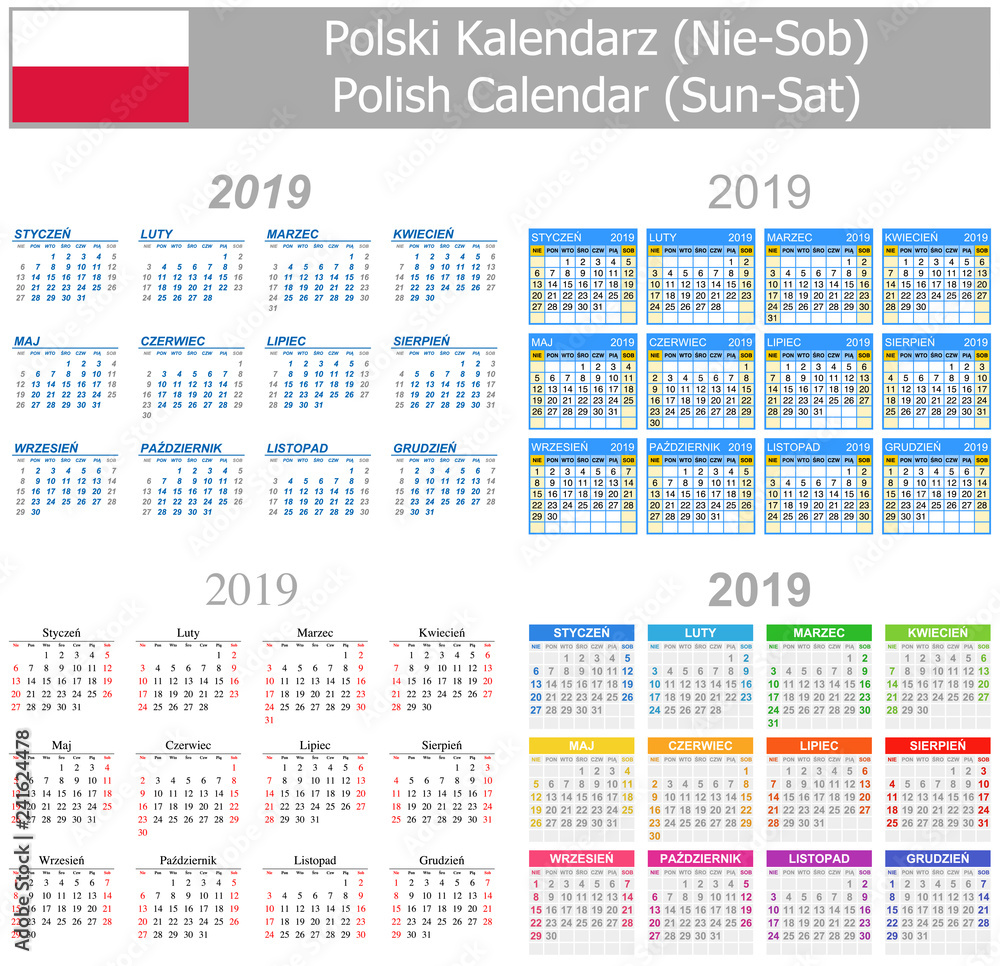 2019 Polish Mix Calendar Sun-Sat on white background 2019 Polish Mix Calendar Sun-Sat on white background