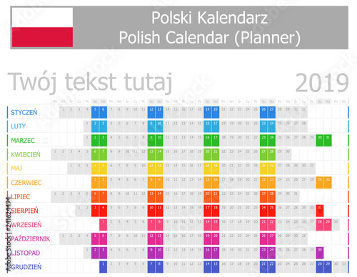 2019 Polish Planner Calendar with Horizontal Months on white background