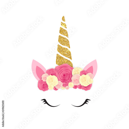 Cute unicorn head and eyes with flower. Vector Illustration