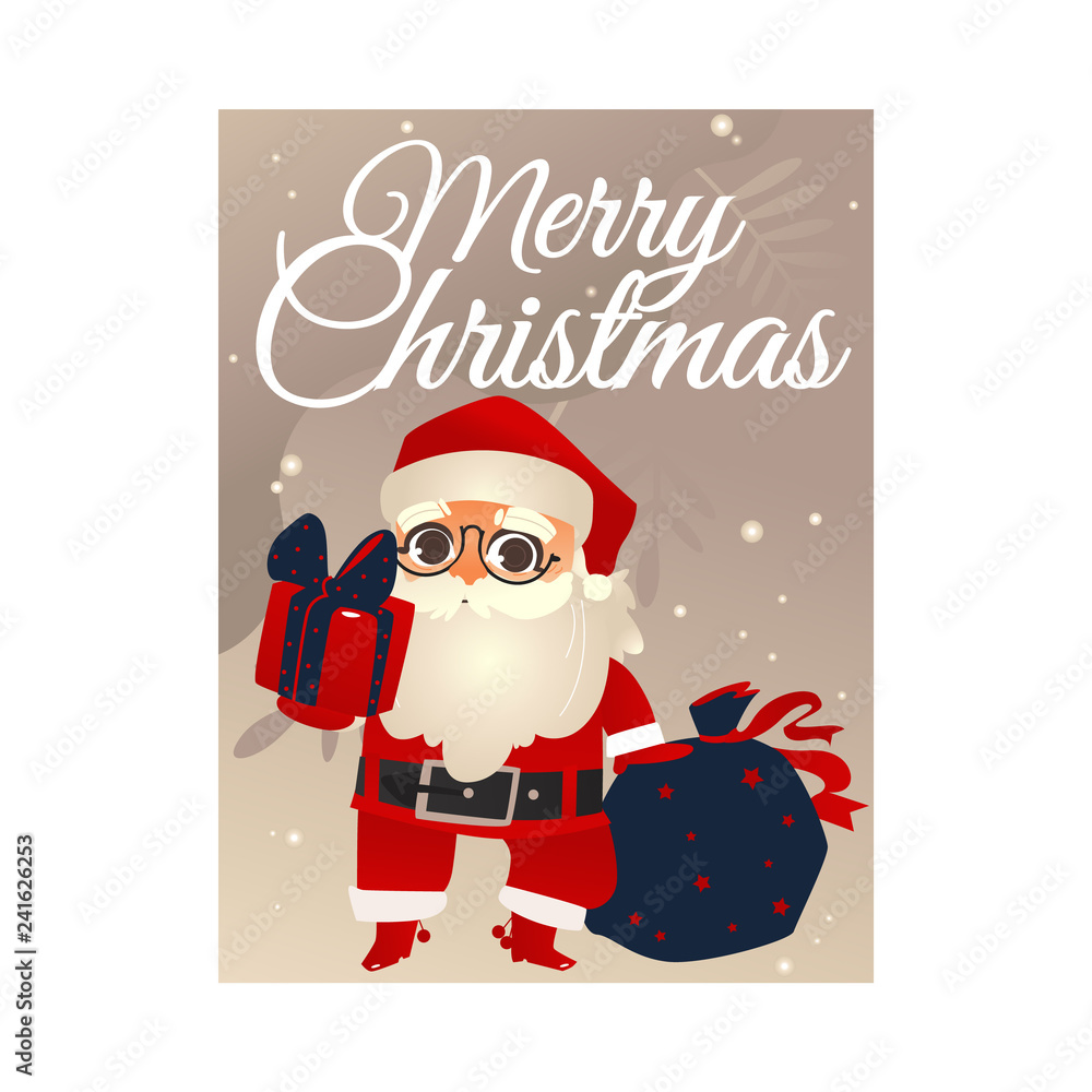 Φωτογραφία Vector illustration of Merry Christmas congratulation card or banner with Santa Claus with magic bag giving wrapped gift box on background with snowflakes - winter holiday greeting