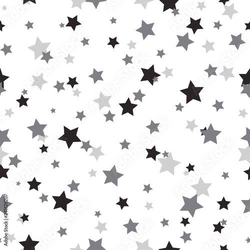 Seamless abstract pattern with little sharp black and grey stars on white background.