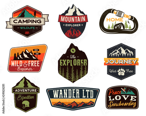 Vintage outdoors logos set. Hand drawn mountain travel badges, wildlife emblems. Camping labels concepts. Explorer illustrations. Stock vector patches isolated on white background.