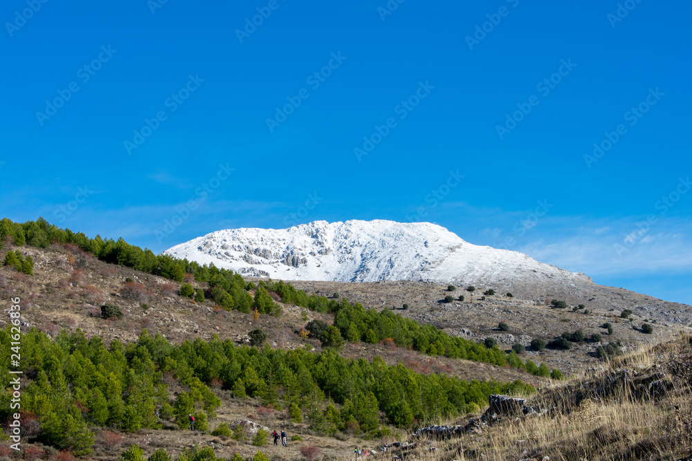 Snowy mountain top on sunny day