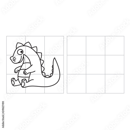 Copy the Dragon carefully, square by square. Educational activity for children. Painting for kids. Grid copy puzzles.