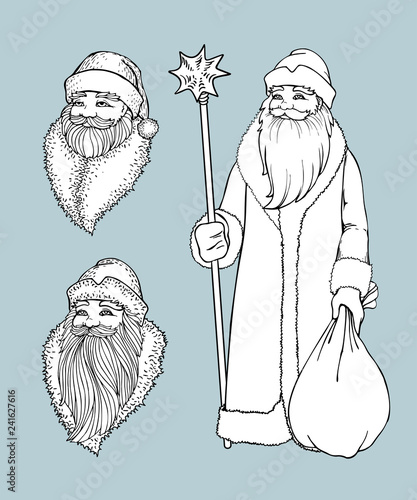 Portrait of Russian Santa Claus. Black and white vector sketched illustration with snowflakes. Icon traditional New Year character. Outlined for coloring book