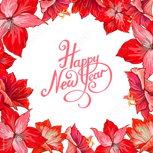 Vector hand drawn hipeastrum frame with lettering Happy New Year. Suitable for decoration greeting cards for the Christmas and winter holidays photo