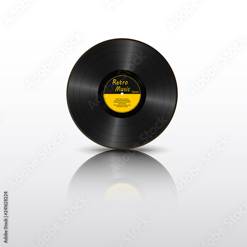 Realistic Black Vinyl Record with mirror reflection. Retro Sound Carrier. Yellow label LP record with text. Musical long play album disc 78 rpm. Old technology isolated on white background photo