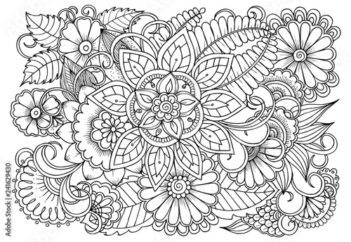 Page for coloring book. Outline flowers. Doodles in black and white