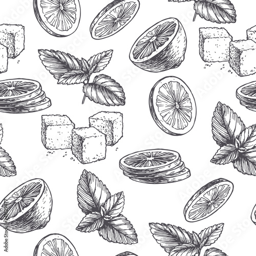 Vector vintage seamless pattern with ingredients for cocktail. Hand drawn color texture with peppermint leaves, green slices of lime and sugar in engraving style. Sketch of spices isolated on white.