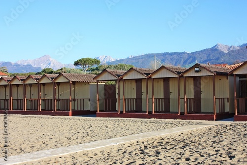 cabins on the sea used as locker rooms in the bathing establishments