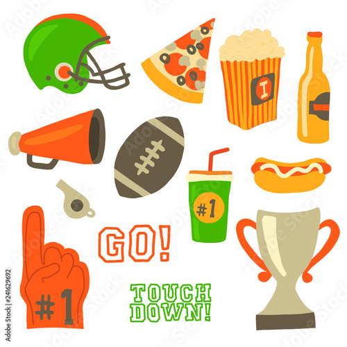Football party vector icon set. Super bowl celebration. American football vintage retro style. Sport game Helmet, award, cup, trophy, pizza slice, football, popcorn, beer bottle, megaphone, foam hand.