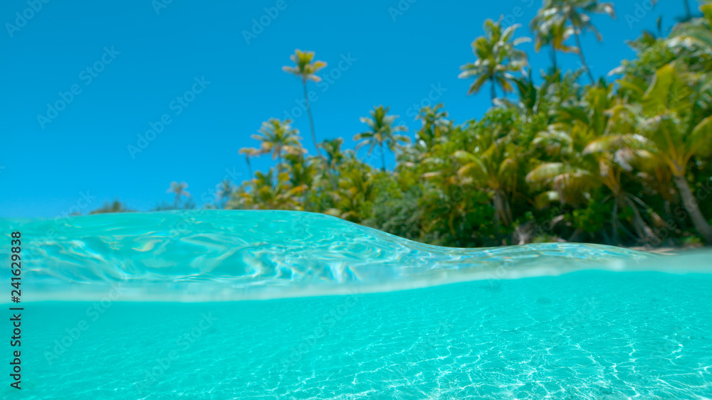 HALF UNDERWATER Spectacular jewel water and tropical beach under sunny sky.