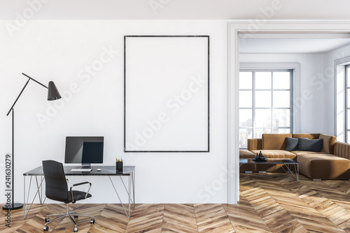 White home office with poster