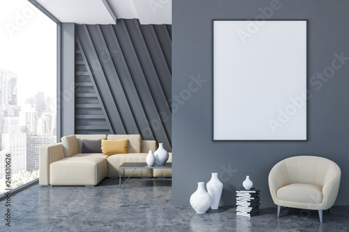 Gray living room, sofa, armchair, poster