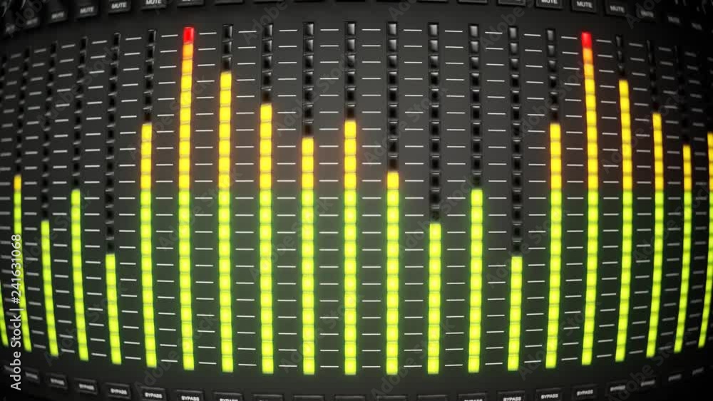 Colorful led lights indicating sound volume levels on a studio mixer. 4KHD Colorful led lights indicating sound volume levels on a studio mixer. 4KHD