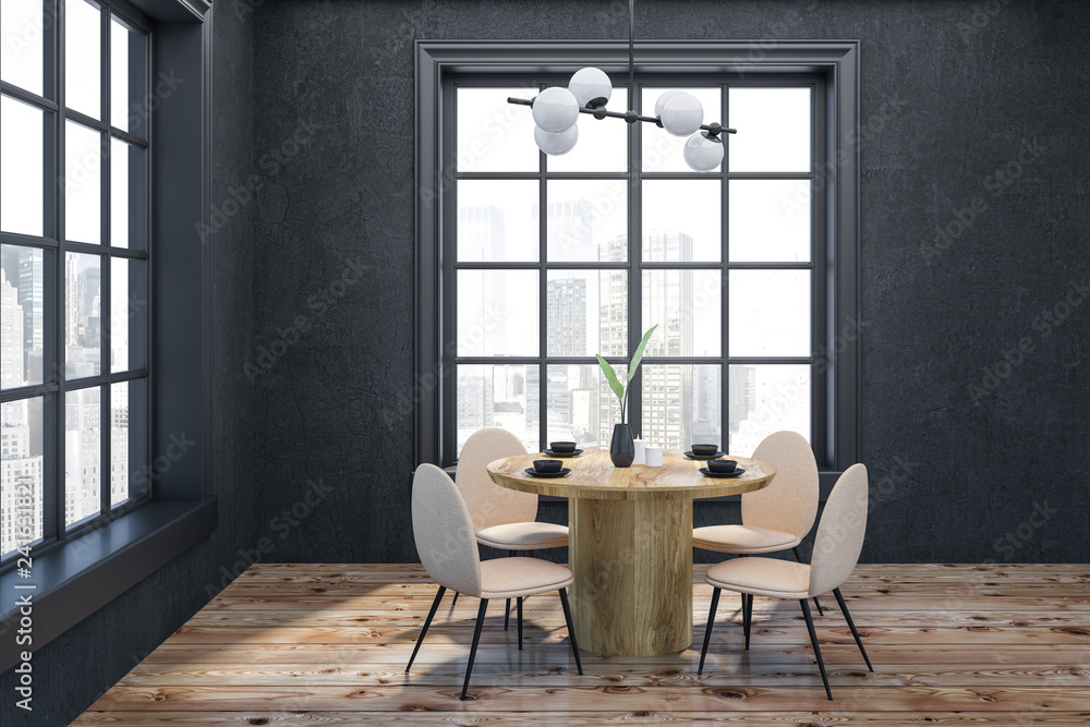 Fototapeta premium Gray dining room interior, beige chairs