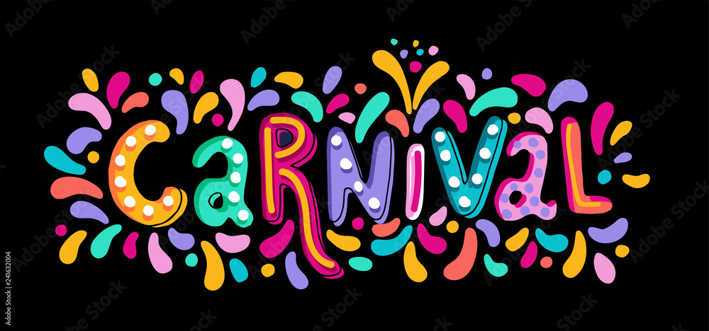 Hand drawn vector Carnival Lettering with Flashes of firework, colorful confetti. Festive title, headline banner. Hand drawn vector Carnival Lettering with Flashes of firework, colorful confetti. Festive title, headline banner.