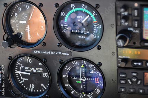 Close up of instrument panel in an aircraft