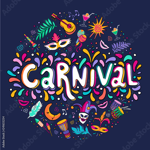 Vector Hand drawn Carnaval Lettering. Carnival Title With Colorful Party Elements, confetti and brasil samba dansing