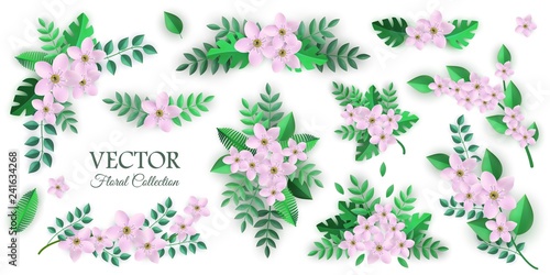 Vector illustration set of floral compositions in flat style isolated on white background - various branches and bouquets of pink apple or cherry flowers and green leaves for romantic natural design.