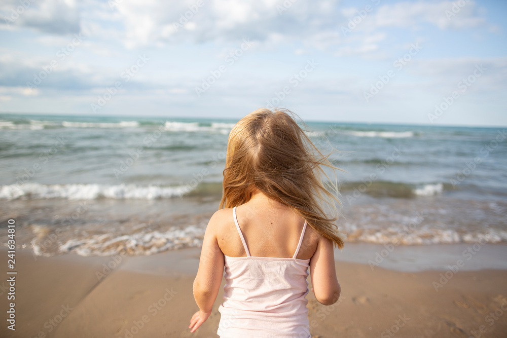 Rear view of girl with blond hair standing on beach against cloudy sky Rear view of girl with blond hair standing on beach against cloudy sky