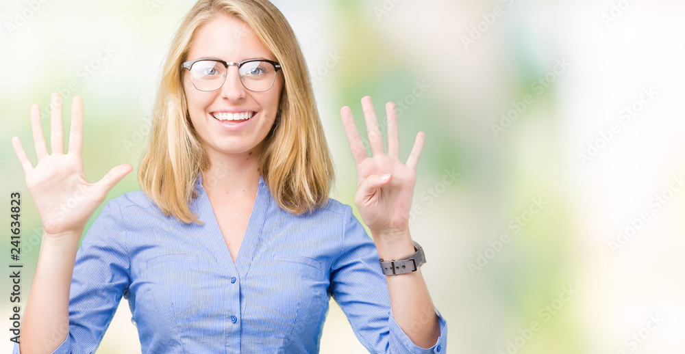 Beautiful young business woman over isolated background showing and pointing up with fingers number nine while smiling confident and happy. Beautiful young business woman over isolated background showing and pointing up with fingers number nine while smiling confident and happy.