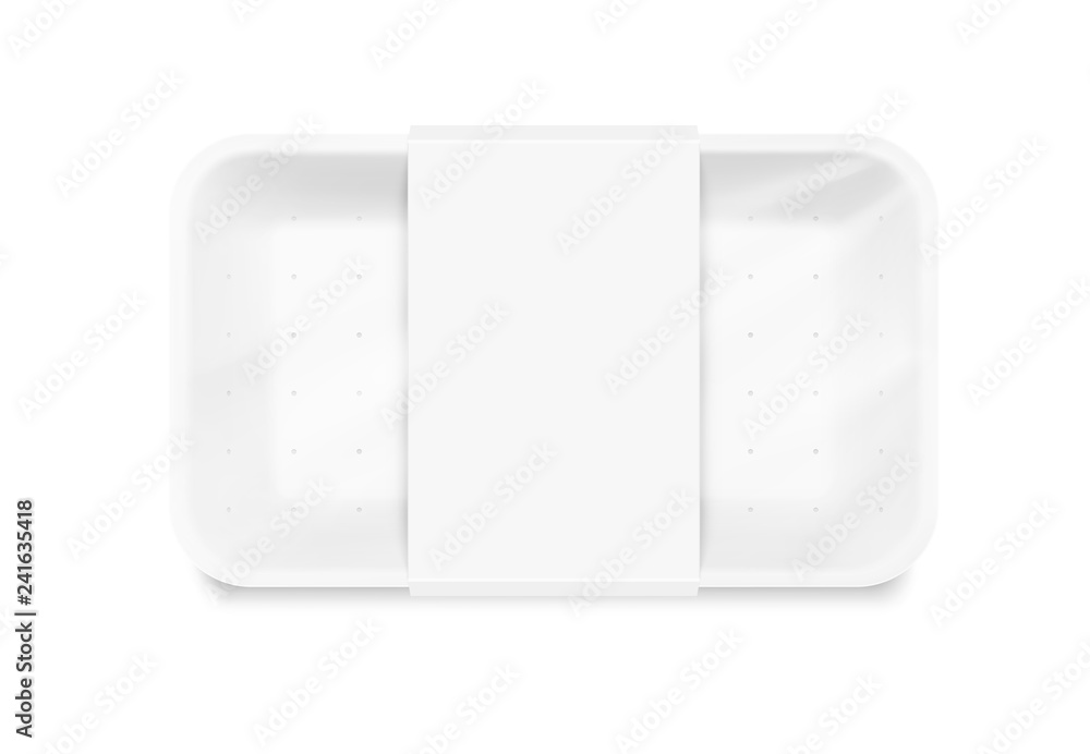 Mockup tray with wrap label. Vector illustration isolated on white background. Easy to use for presentation your idea, product etc. Perfect for fish, meat, semi-finished or ready-made food. EPS10. Mockup tray with wrap label. Vector illustration isolated on white background. Easy to use for presentation your idea, product etc. Perfect for fish, meat, semi-finished or ready-made food. EPS10.